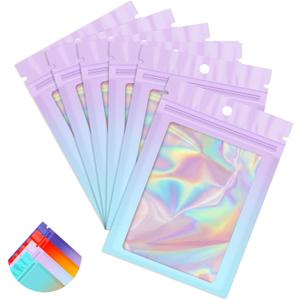 Funfery 100 Pack Gradient Holographic Bags,2.73.9In Mylar Resealable Bags with Zipper,Clear Window Packaging Pouch,Smell Proof Foil Bag for Food Storage,Sample Jewelry Baggies(Purple Blue)
