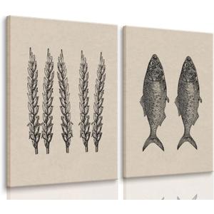 2 Pcs Jesus Feeds The 5000 Wall Art Miracle Of The Five Loaves And Two Fish Canvas Prints Black And White Christ Bible Verses Story Wall Decor Minimalist Posters Picture For Church Paintings Framed