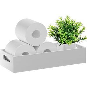 VITVITI Bamboo Toilet Paper Holder Storage, Bamboo Tray for Bathroom with Handle, Toilet Tissue Holder Organizer Basket Container for Toilet Tank/Kitchen Counter, Natural, White
