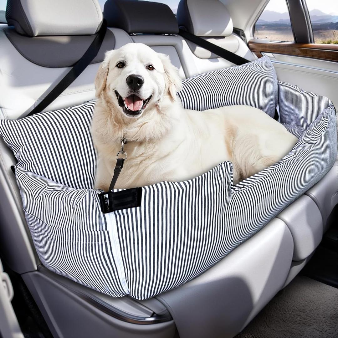 Dog Car Seat for Large Dogs, Dog Booster Seat Under 80lbs or 2 Small Dogs, Detachable Pet Seat with Safety Belt, Non-Slip Base, and Storage Pockets for Car Travel (Navy)