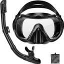 Snorkeling Gear for Adults, Adult Snorkel Set with Panoramic Anti-Leak and Anti-Fog Tempered Glass Snorkel Mask, Dry Top Snorkel, Snorkle Mask Set Adult with Mesh Bag Ear Plug for Snorkeling (Black (1 Set))