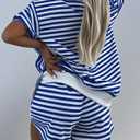 Melliflo Women 2 Piece Outfits Lounge Sets Striped Print Long Sleeve V Neck Sweatshirt and Shorts Set Sweatsuit (Blue, L)