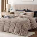 Bedsure Fluffy Duvet Cover Set - Ultra Soft Plush Shaggy Comforter Cover Queen Size, Warm Flannel Fleece Bed Sets for Winter, 3 Pieces (Striped Pattern, Khaki) (Queen (90" x 90"))