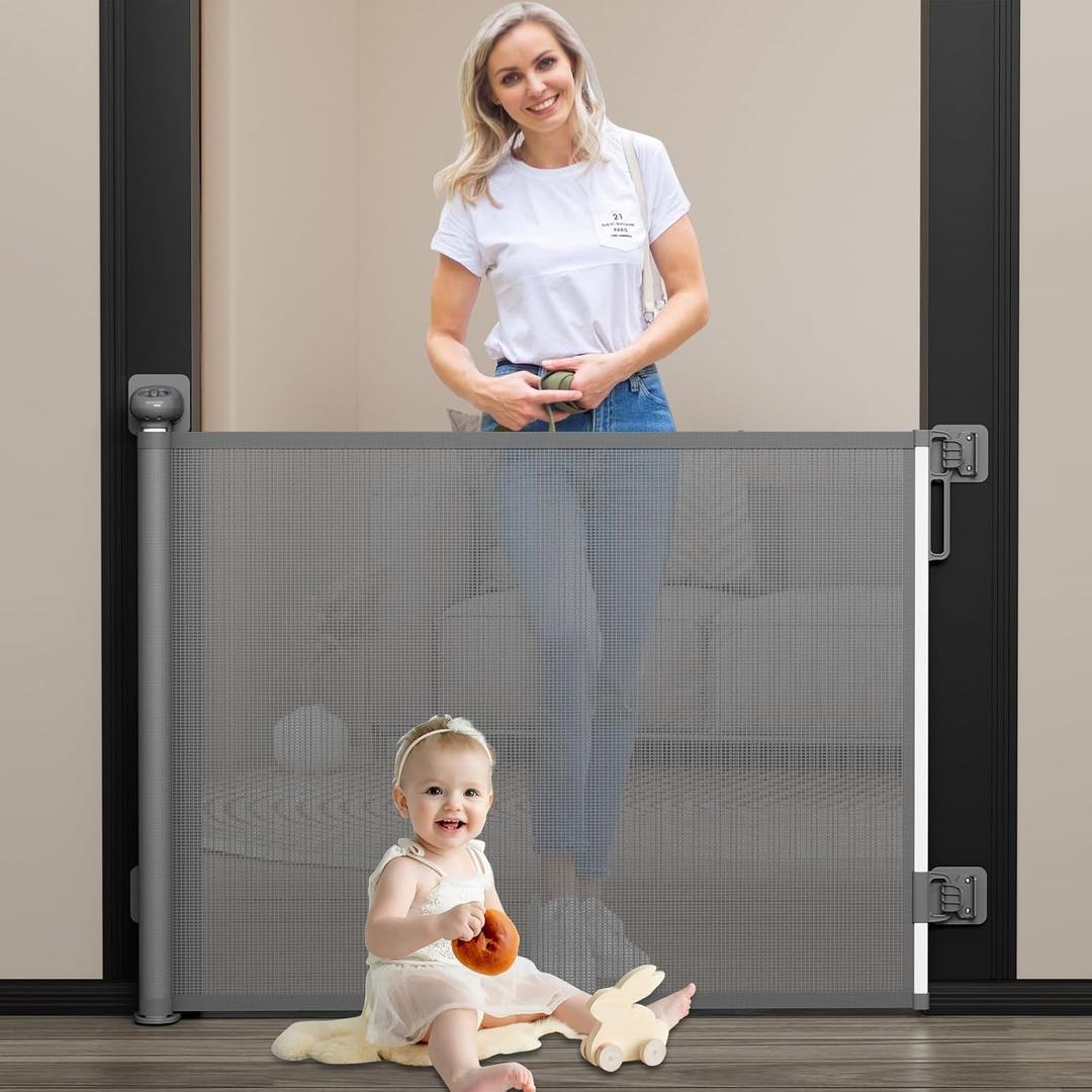 Babepai Baby Gate for Stairs No Drill, Punch Free Retractable Baby Gates Extends to 54" Wide 34" Tall, Reractable Dog Gate for Doorways, Stair Gate for Outdoor, Indoor, Hallways, Deck, Porch (34" Tall x 54" Wide-No Drilling, A-grey)