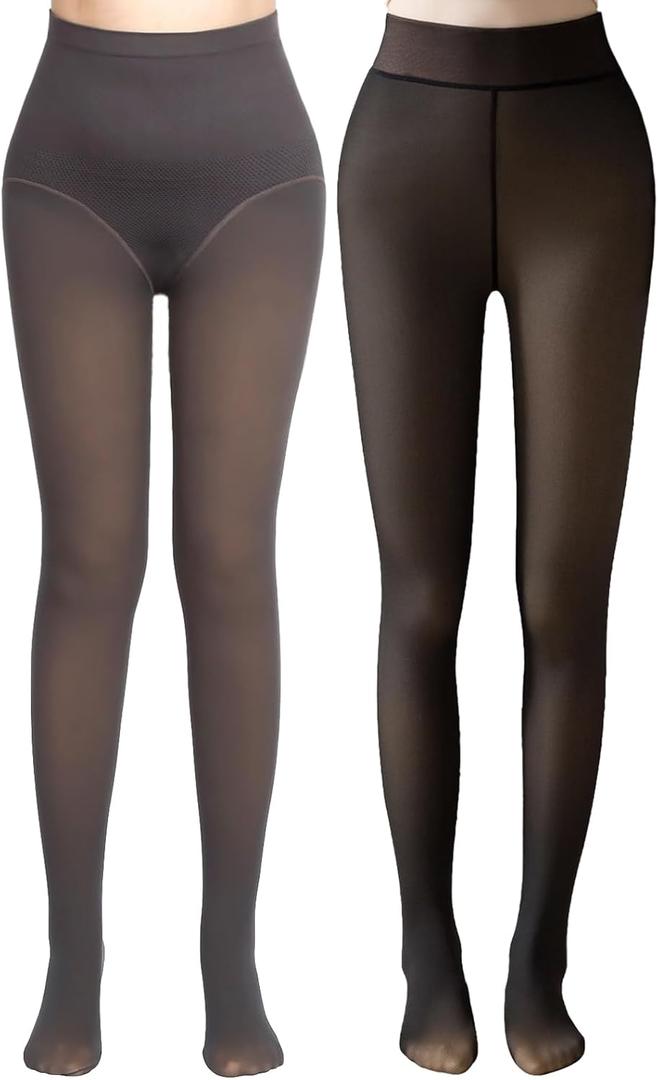 Delcast 2 Pairs Fleece Lined Tights WomenFake Translucent Thermal Sheer Thick Pantyhose Leggings for Winter (XL)