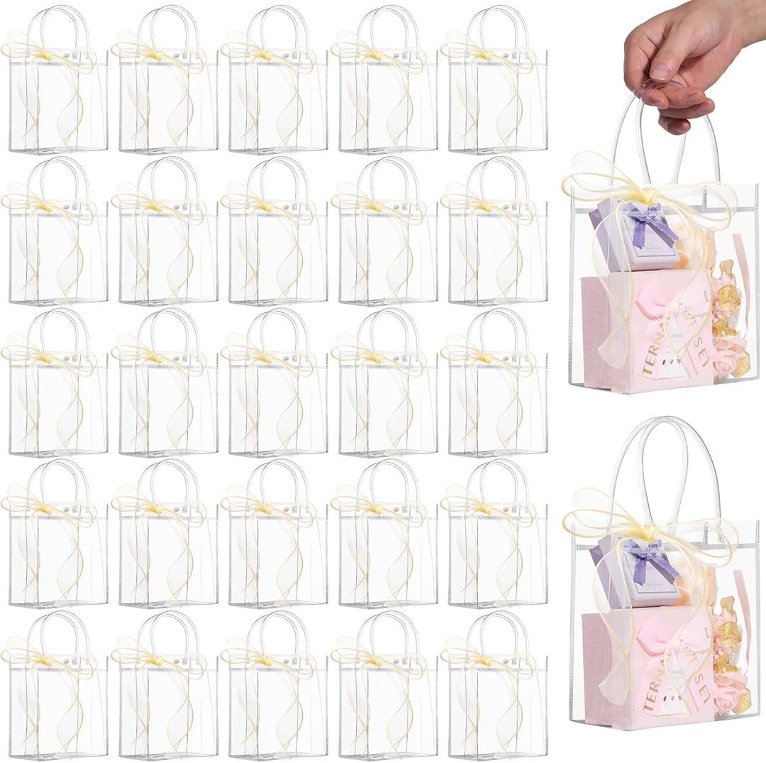WDSHCR 50 PCS Clear Plastic Gift Bags with Handles, Party Favor Bags with Ribbons, Reusable Goodie Tote Bags for Wedding, Baby Shower, Birthday (Clear 5.9 x 6.3 x 2.8, 50 Pack)