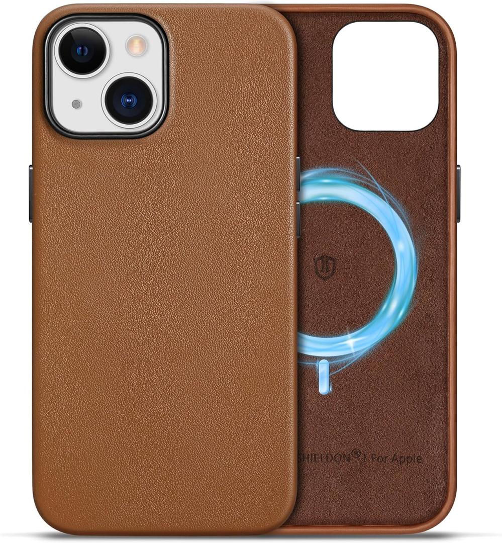 SHIELDON Case for iPhone 15, Genuine Leather Slim Wireless Charging Magnetic Non-Slip Anti-Scratch Shock-Absorbent Phone Case Cover with Metal Buttons Compatible with iPhone 15 5G 6.1" - Saddle Brown