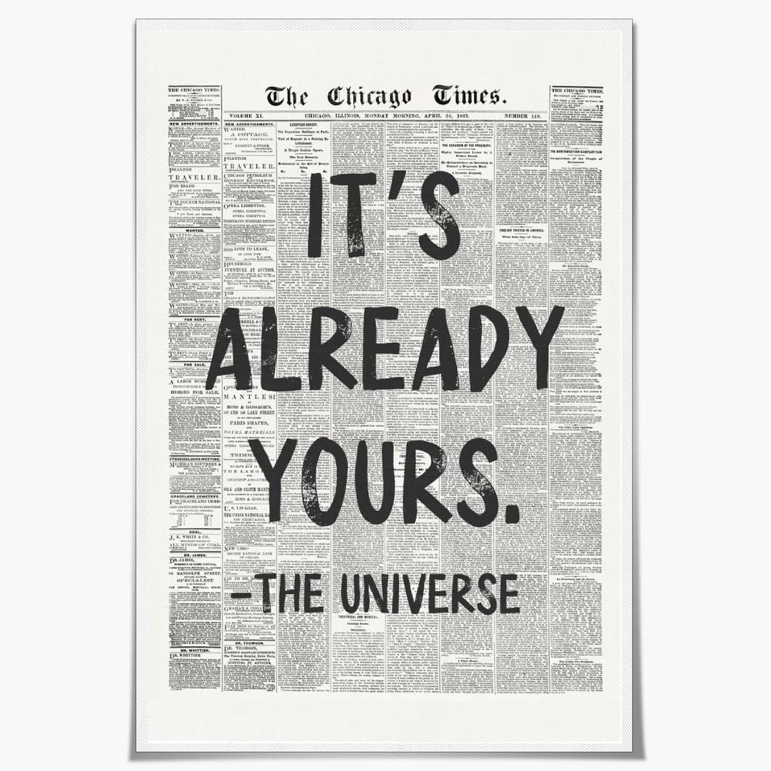 Black And White Retro Newspaper Wall Art Trendy Inspirational Universe Quote Poster It'S Already Yours Positive Affirmation Print Preppy Aesthetic Room Apartment Bedroom Decor 16x24inch Unframed
