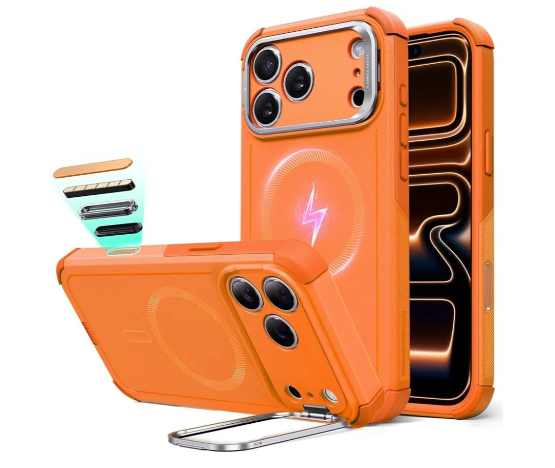 ESR for iPhone 17 Pro Max Case with Stash Stand, 7X Military-Grade Drop Protection with Camera Control, Shock-Absorbing Phone Rugged Cover, Compatible with MagSafe Accessories, Cyber Series, Orange
