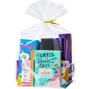 PigPotParty 12"x 16", 50Pcs Bottom Gusset Bags, Clear Plastic Cellophane Gift Mug Treat Goodie Bags with 50x Twist Ties, Large Party Favor Packaging, Toy Wrapping (No Side Gusset)