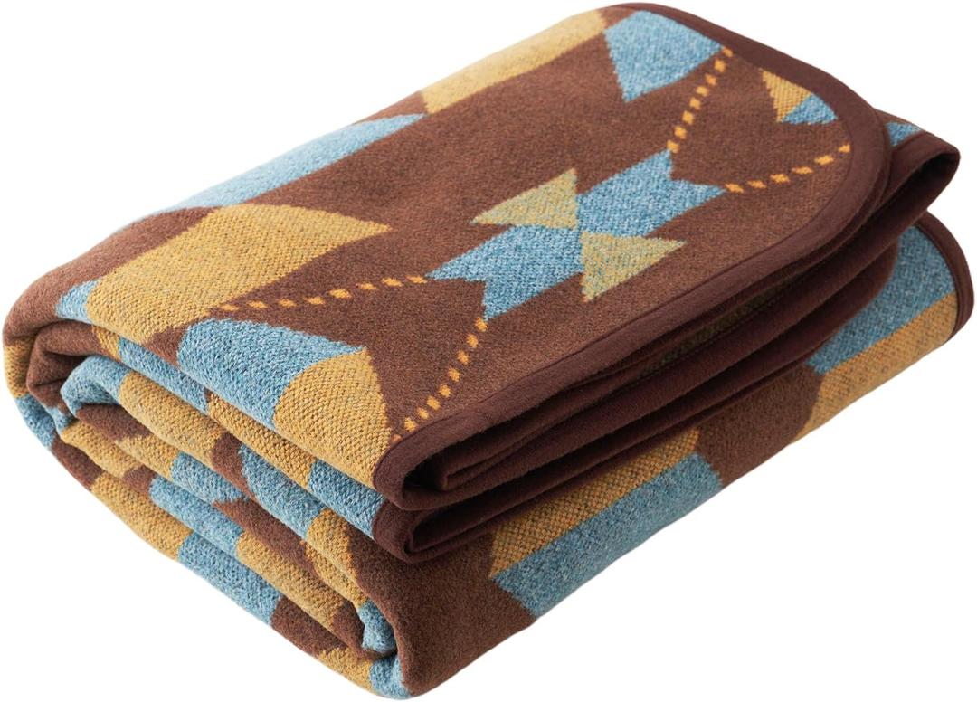 PuTian Merino Wool Blanket - Large Warm Soft Washable Camp Blanket Throw for Bed Couch Camping Outdoor Travel Emergency, Brown Geometry (63x87)