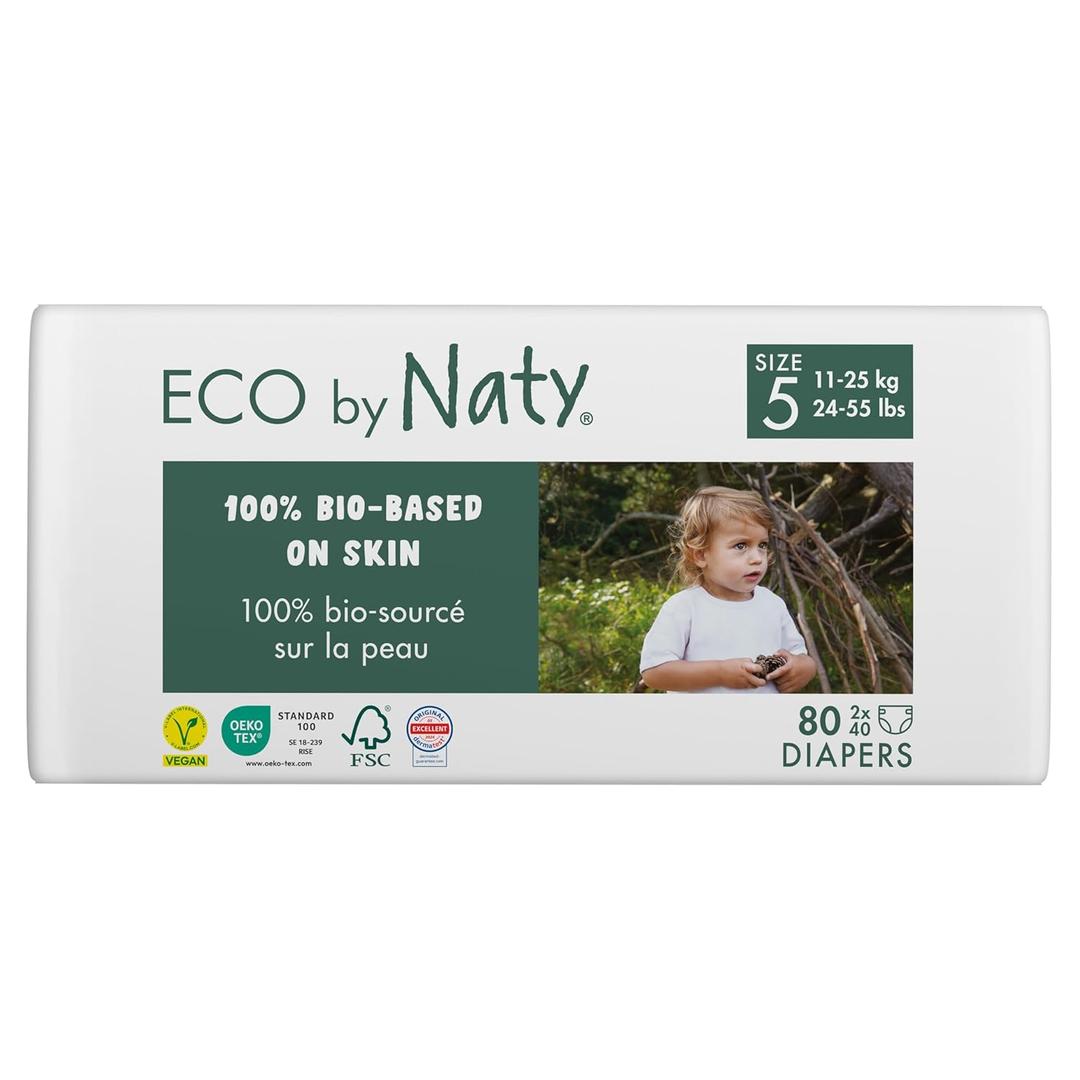 Eco by Naty Baby Diapers - Plant-Based Eco-Friendly Diapers, Great for Baby Sensitive Skin and Helps Prevent Leaking (Size 5, 80 Count)