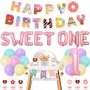 Donut 1st Birthday Decorations, Donut Theme Happy Birthday Banner Colorful One High Chair Banner Cake Toppers with Sweet One Foil Balloons Kit for Girls First Birthday Party Supplies