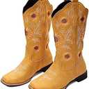 gloryinterest Cowboy Boots for Women Mid Calf Cowgirl Western Boots Sunflower Embroidery Stitched Square Toe Low Heel Black Brown Yellow US6-10.5, Size: 42