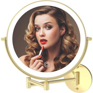 Rechargeable Wall Mounted Lighted Makeup Vanity Mirror 9 Inch Double Sided 1X 10X Magnifying Bathroom Mirror, 3 Color Lighting, Touch Screen Dimming, 360 Rotation Shaving Mirror Gold