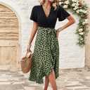 Sundresses for Women, V-Neck Short Sleeve Casual Boho Floral Dress, Ruffle Hem Split with Belt for Beach (Medium, Green)