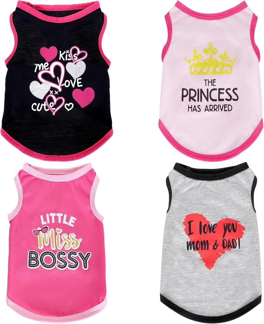 Pistha 4 Pack Dog Shirts Summer Printed Puppy Clothes Cute Sleeveless Pet T Shirts Dog Clothes for Dogs Cats Girl (M)