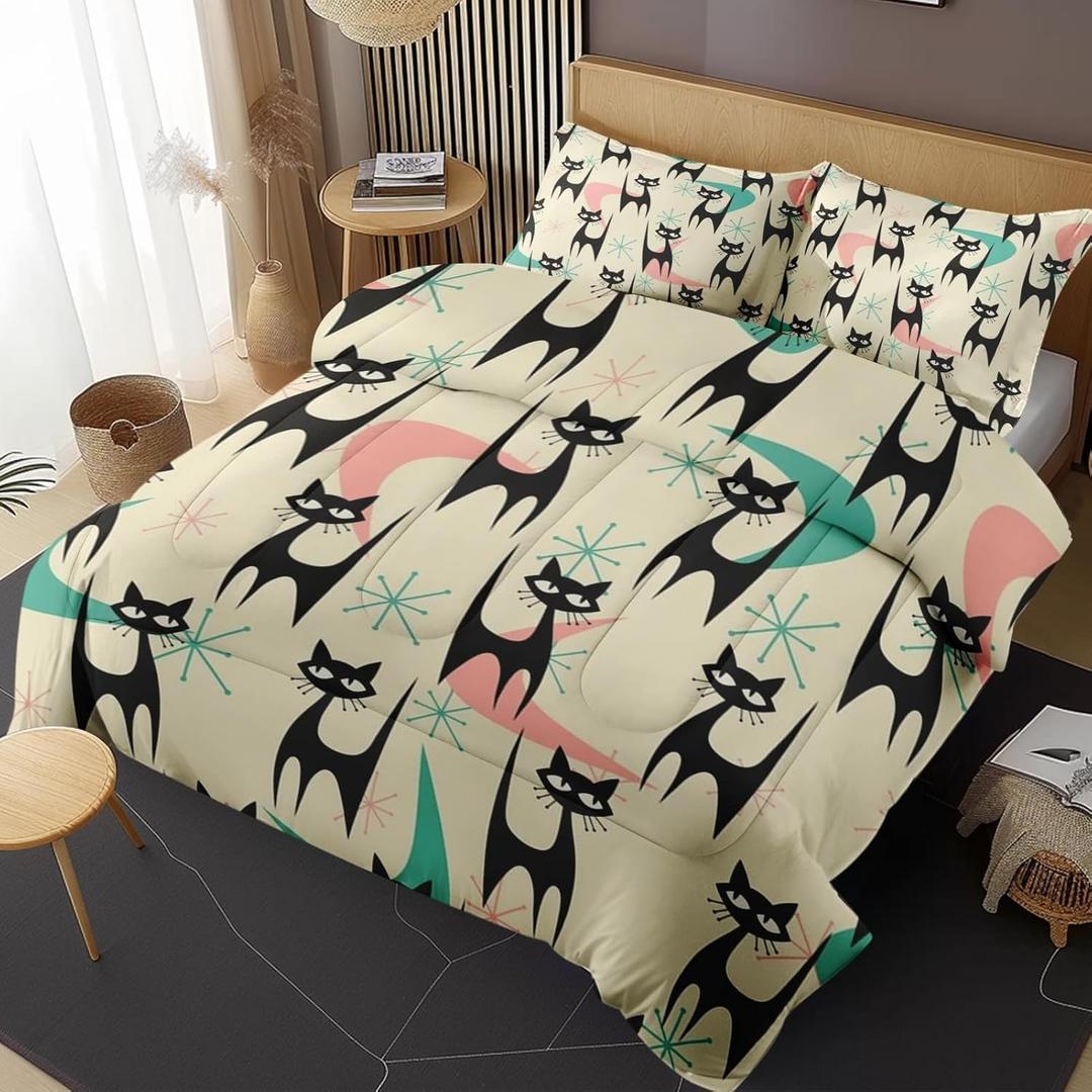 Mid Century Colorful Cat King Comforter Set, Atomic 50S Retro Bedding Set 3 Piece, All Season Soft Toddlers Children Adults Bedroom Bed Decoration Comforter and 2 Pillow Shams