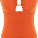 ZAFUL Women's One Piece Swimsuit Ribbed Open Back Bathing Suit Tummy Control Scoop Neck Adjustable Straps High Cut Swimwear (Medium, 2-neo Orange)
