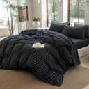 Striped Duvet Cover Set Full Size 3 Piece 100% Washed Cotton Linen Feel Bedding Comfy Breathable Modern Farmhouse (Full, Double Stripe-Black/White)