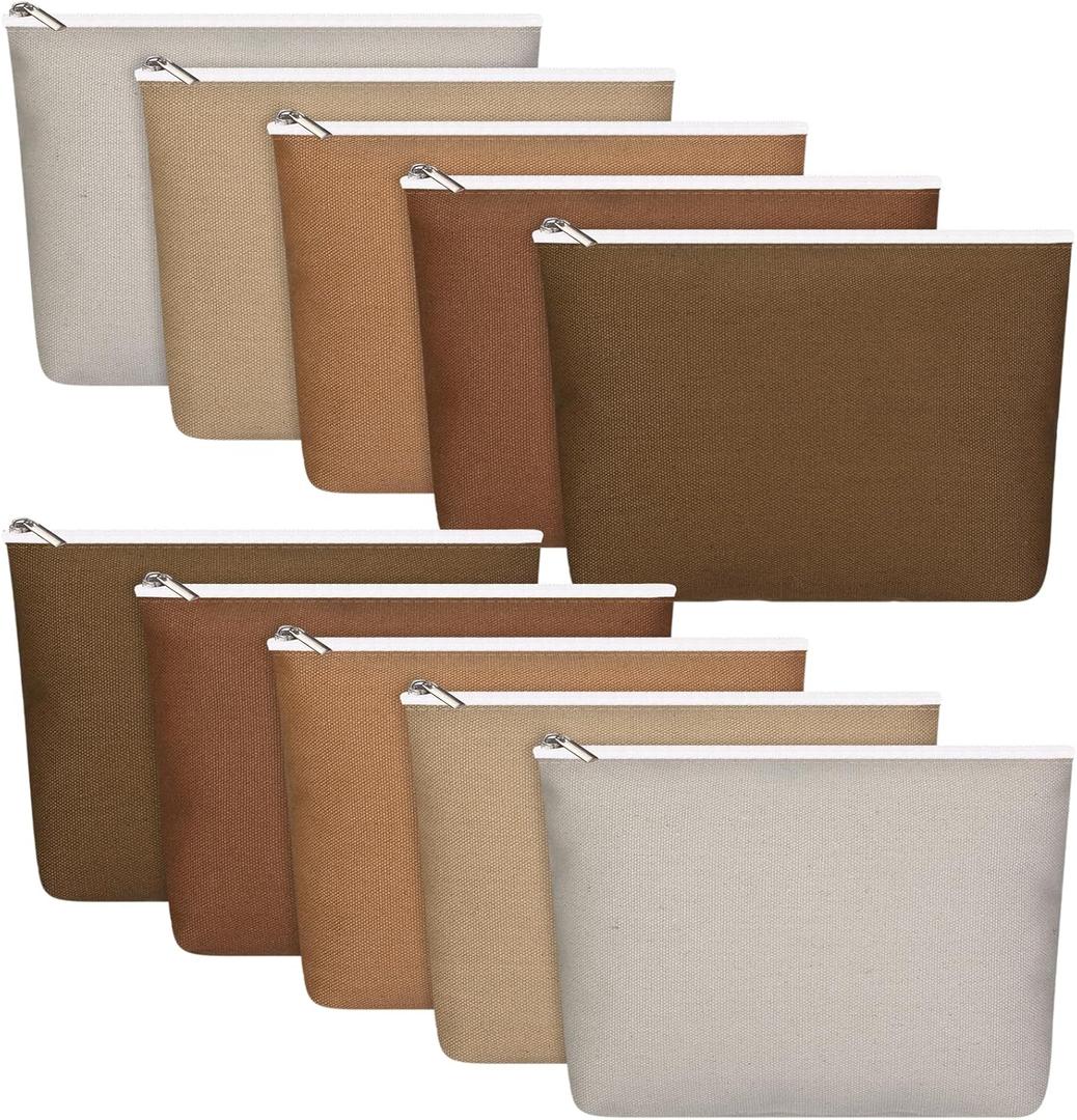 Reginary 10 Pcs Valentines Canvas Makeup Bags Bulk for Women Travel Toiletry Cosmetics Bags Blank DIY Pencil Pouch, Gift for Valentines Patrick's Day Wedding Bridal Shower Coworker(Brown)