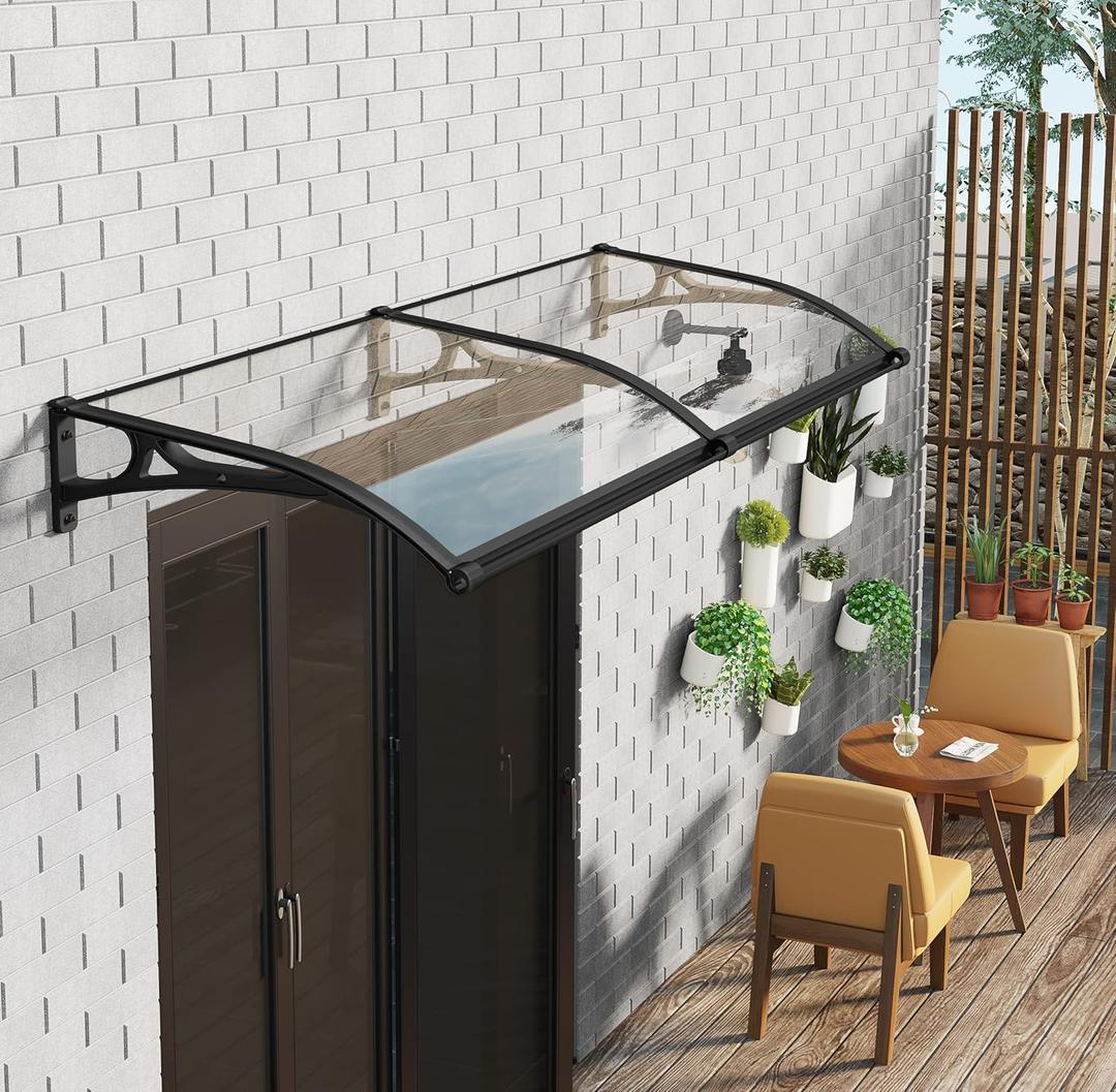 Window Door Awning Canopy UPF 50+, Aluminum Bracket Polycarbonate Board.Front Doors/Windows Overhang Awning for Sun Shutter, UV, Rain (Black, 40 Inch x 80 Inch)