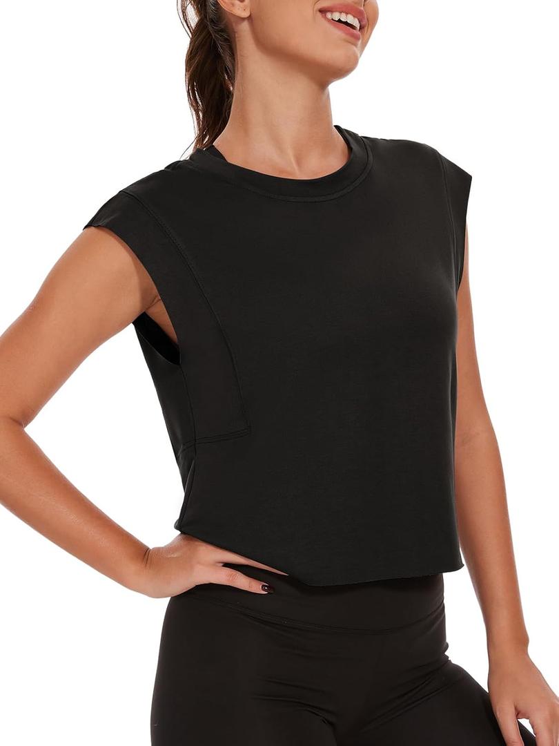 Womens Workout Crop Tank Tops Loose Sleeveless Summer T Shirts Oversize Active Yoga Gym Tee Y2k (Medium, Black)