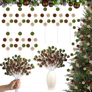 Janinka 12 Pieces 11.8 Inch Velvet Christmas Picks Green Brown and Linen Xmas Ball Picks Neutral Textured Tree Decoration Xmas Branches Hanging Decoration Wreath Home Office Party Ornament