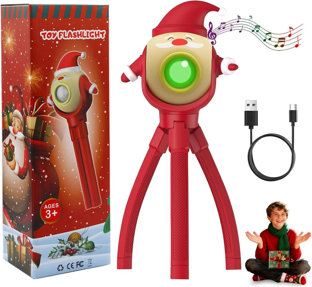 Taikcsut Christmas Kids Flashlight Toy Gifts- Santa, Christmas Gifts,Foldable Octopus Stand, LED with 8 Color Modes & 8 Songs, Gift for Holiday Parties, Camping, Indoor/Outdoor Decor (Santa Claus)