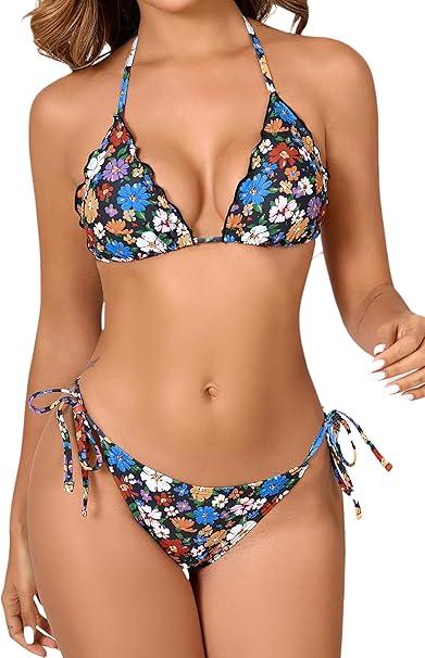 JOYBIK Women's Two Piece Triangle Bikini Sets Ruffle Halter Tie Side String Adjustable Sexy Swimsut with Romovable Padded Colorful Daisy M