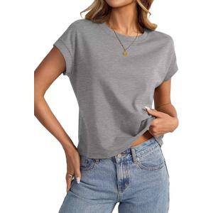 EasyGala Womens Cap Sleeve Crop Tops Cotton T Shirts Crewneck Loose Fit Short Sleeves Tee Summer Fashion Clothes 2026 (Gray, XL)