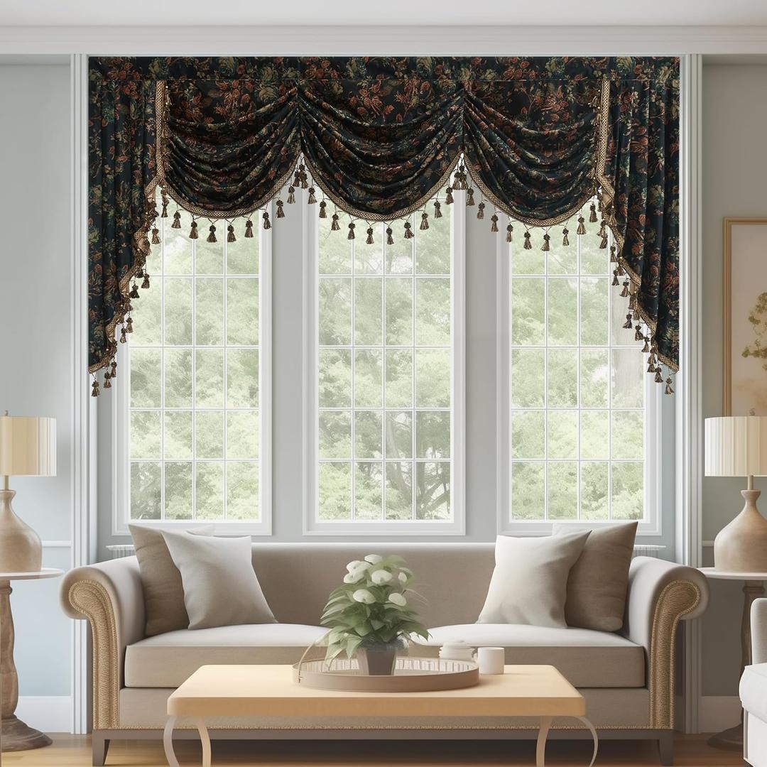 StangH Floral Print Waterfall Velvet Valance for Living Room, Heavy Thick Room Darkening Window Drapes Vintage Home Decor for Bedroom/Kitchen/Dining Room, W79 inches, 1 Panel