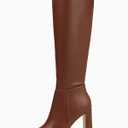 Coutgo Women's Chunky Heeled Knee High Boots Classic Square Toe Zippered Leather Tall Boot, Dark Brown, Size 9.5
