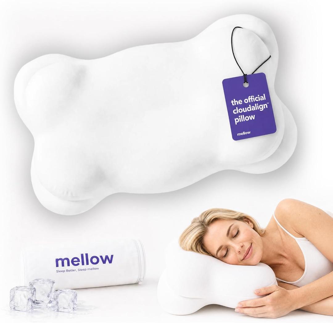 Mellow CloudAlign Memory Foam Pillow for Neck & Shoulder Support, Dual Height Ergonomic Cervical Pillow for Side Back & Stomach Sleepers, Contoured Orthopedic Bed Pillow with Washable Cover, High
