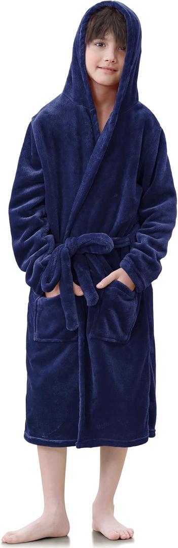 IHU Boys Fleece Robe, Kids Hooded Soft Fuzzy Robes Bathrobe Toddler Flannel Pajamas Sleepwear Spa Plush Robe for Boys Girls 5-6Y