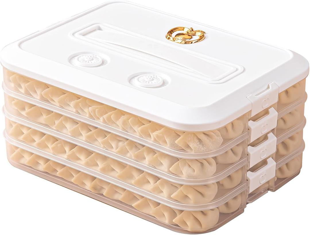 4-Layer Frozen Dumpling Storage with Lids & Timing, Flat Stacks Food Container Icing Cookies Wonton Donuts Box Organizer For Fridge, 1.18 Inches Net Height for Per Layer, White