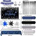 Blue and Black Birthday Decorations for Men Women, Happy Birthday Decorations for Boys Girls Silver Blue Party Decorations Backdrop Tablecloth Confetti Balloons Arch Kit Fringe Curtains Table Cover