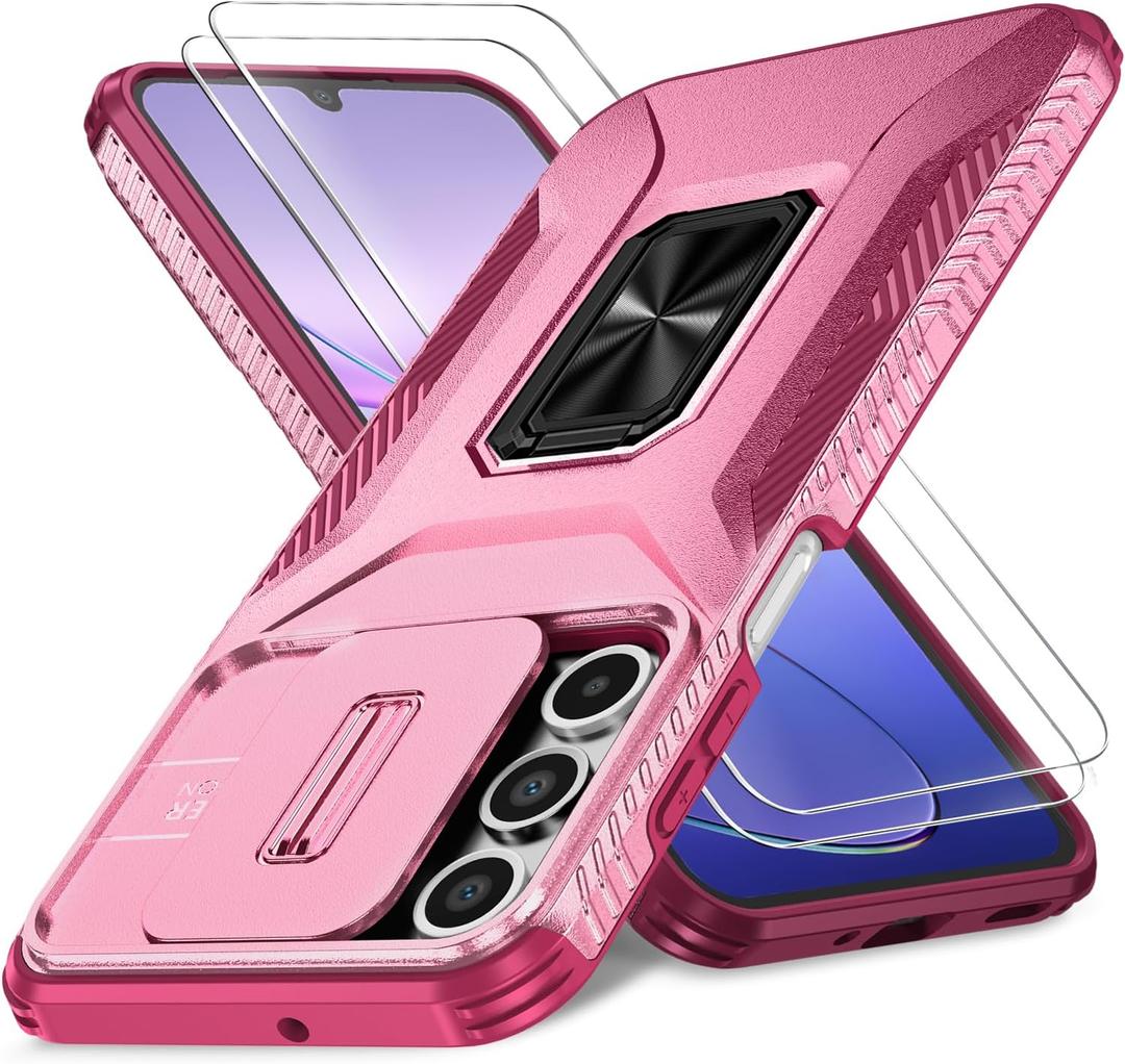Case for Samsung Galaxy A16 5G with Slide Camera Cover + Screen Protector(2 Packs), Military Grade Shockproof Protective, with Ring Kickstand (A - Pink+Red, Galaxy A16 (6.7"))