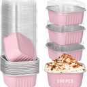 100 PCS Aluminum Foil Cups, 5oz Dessert Cups With Lids, Cupcake Liners Foil Baking Cup, Disposable Ramekins Muffin Individual Square Cupcake Container, Foil Flan Baking Cups (Pink)