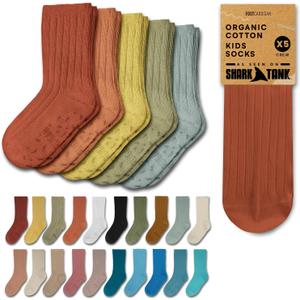 Foot Cardigan Organic Cotton Kids Socks, Non Slip Grip Crew, 5 Pairs Boys Girls Toddler to Teen Ages 2-14
