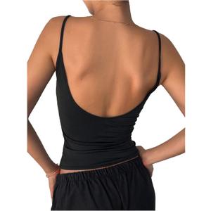 SHENHE Women's Spaghetti Strap Camisole Crop Tops Open Back Slim Fit Tank Top (Medium, Black)