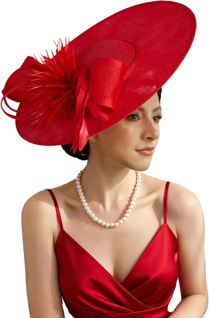 Unpifolov Fascinators Hats Elegant Women Flower Mesh Feathers Wedding Cocktail Bride Headband for Derby Hat Tea Party Red