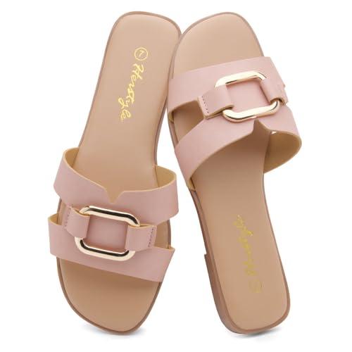Herstyle Women’s Flat Sandals 2025 – Square Open Toe Fashion Casual Slides with Metal Chain, Memory Foam Footbed Insole, Slip-On Dressy Sandals for Summer,D.Mauve, Size 10.0, Gena