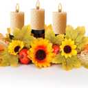 Thanksgiving Dining Table Centerpiece with 3 Wick Candle Holders Fall Candelabra Centerpiece Harvest Autumn Fall Decorations Holiday Candleabrum Decorated with Sunflower Blooms Pumpkin Maple Leaves