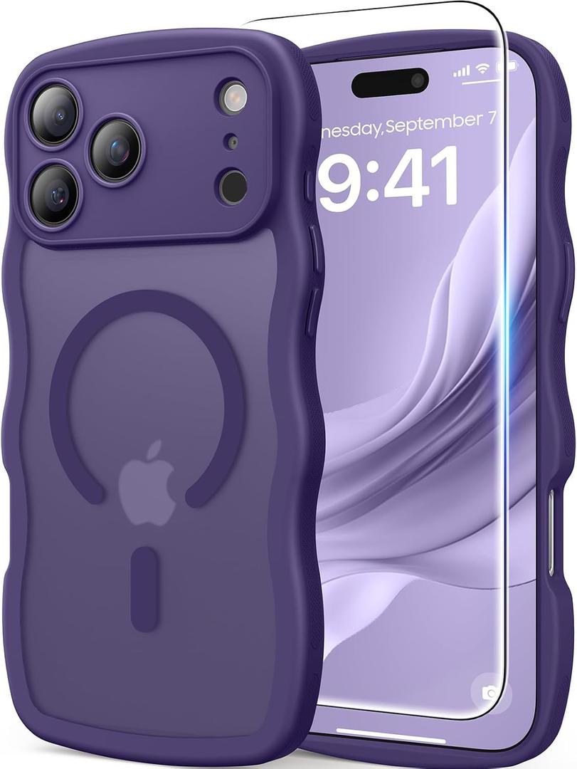 DOMAVER for iPhone 17 Pro Max Case for Women, 1X Screen Protector+1X Wrist Strap, [Compatible with MagSafe] [Full Camera Protection] Cute Wave Matte Phone Case for iPhone 17 Pro Max, Deep Purple