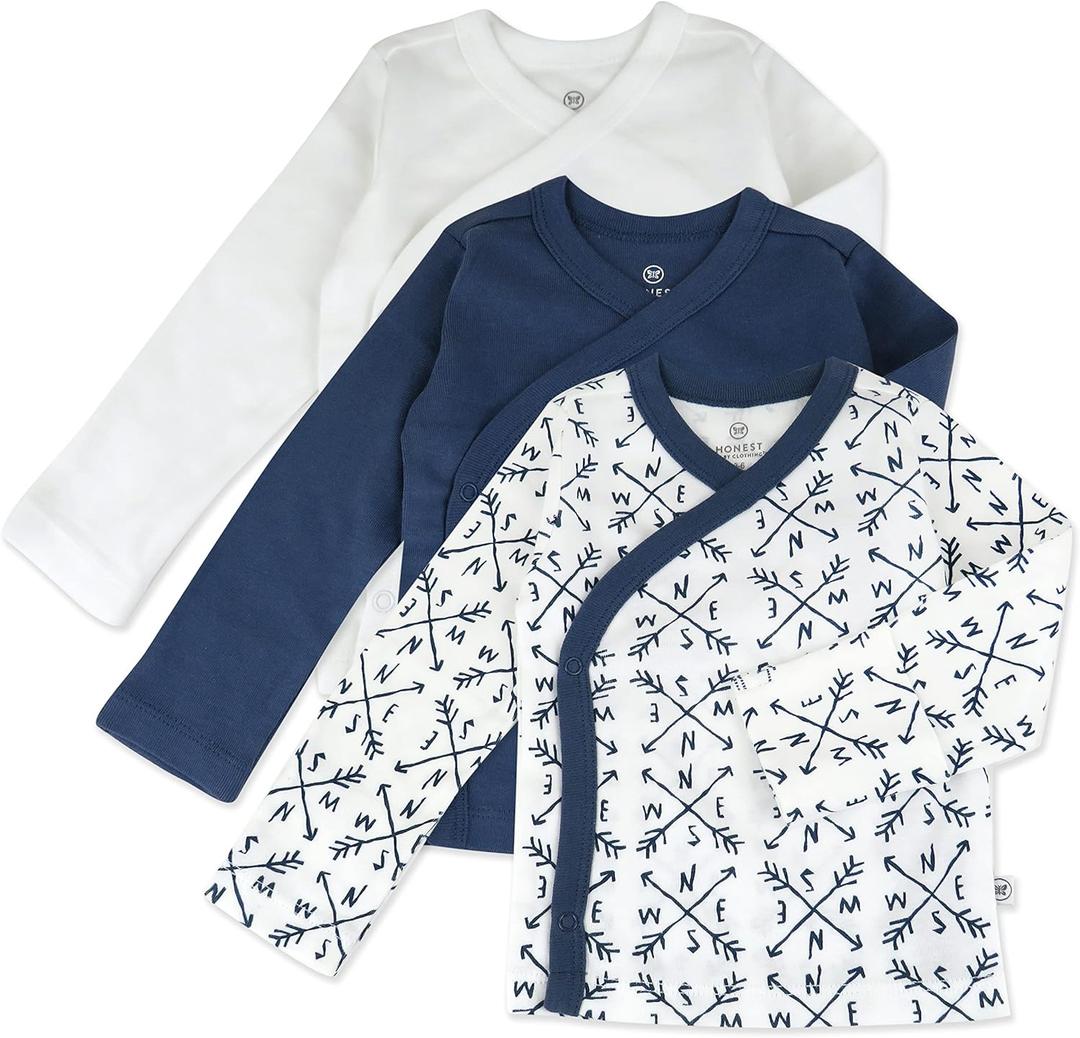 HonestBaby Baby 100% Organic Cotton Long Sleeve Side-Snap Kimono Tops (3 Pack) (3-6 Months, Compass Blue)