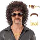 70s Wig for Men Funny Disco Hippie Wigs for Halloween Costume Party Short Brown Culry Wigs with Glasses Mustache Necklace (Brown)