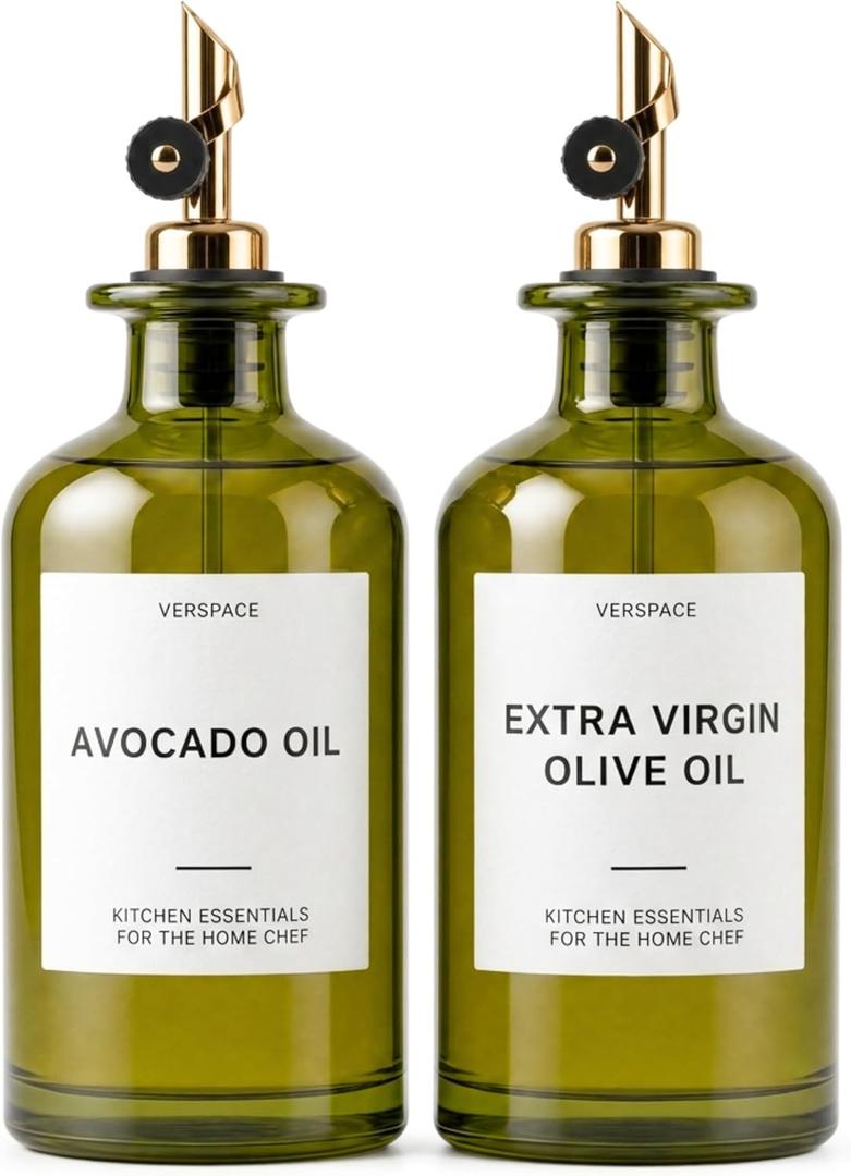 Verspace UV-Protected Green Glass Olive Oil Dispenser Bottles For Kitchen - 2 Pack - 17oz Includes 40 Kitchen Essential Labels, Avocado Oil Dispenser Set, Modern Decor for Home, Airbnb, Cafe