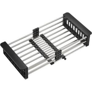 Dish Drying Rack Black, Adjustable Stainless Steel Drainer Basket Drain Tray for Dish Vegetable Fruit, 18.2" x 8.9", On or in Sink Kitchen Basket Dish Drying Rack