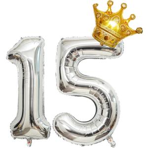 Crown 32 inch Large Happy Birthday Number Foil Balloon Birthday Party Decorations Supplies 15th Birthday Balloons Party Decorations Silver Number balloon 15 with Mini Crown